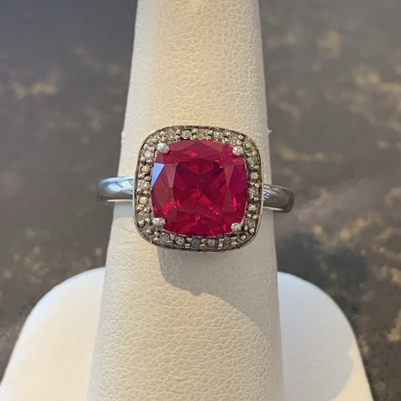 Sterling Silver Synthetic Ruby & Diamond Halo Ring - Picture 4 of 5